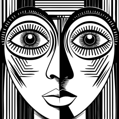 Siyah ve beyaz soyut geometrik yüz çizimleri kalın çizgilerle