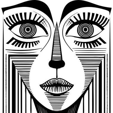 Siyah ve beyaz soyut yüz sanatı hipnotik gözler ve doğrusal simetri