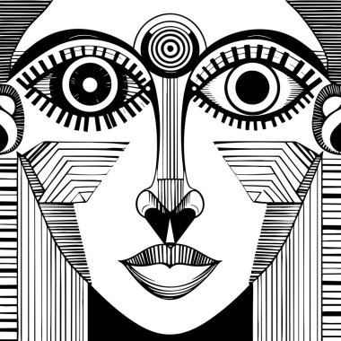 Sanatsal siyah beyaz simetrik yüz ve hipnotik geometrik çizgiler