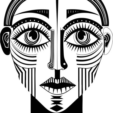 Doğrusal fütüristik detayları olan siyah beyaz insan yüzü sanatı