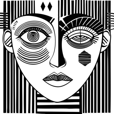 Doğrusal geometrik detay ve simetriye sahip soyut siyah ve beyaz yüz tasarımı