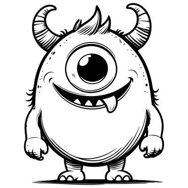 Gülümseyen tek gözlü boynuz canavarı çocukların eğlencesini boyamak için sırıtıyor.