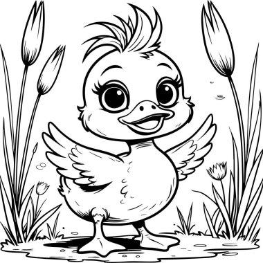 Gölet bitkilerinin yanında duran kocaman gözlü sevimli yavru ördek.