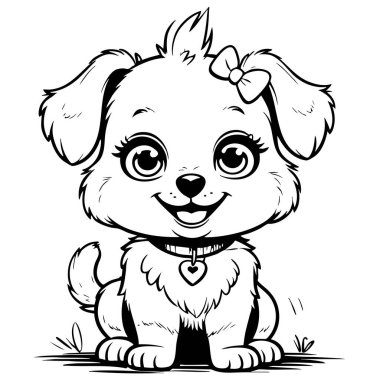 Şirin köpek yavrusu, çocuk sanatı için yay ve kalp tasmasıyla mutlu bir şekilde oturuyor.