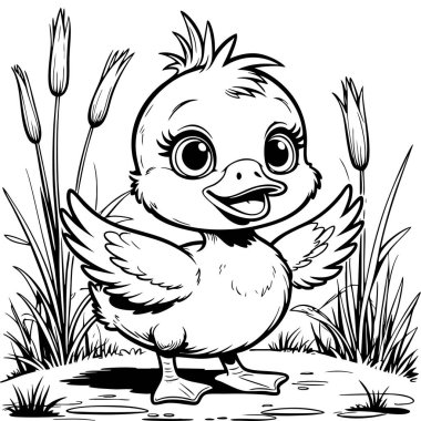 Havuz sazlıkları ve çimenlerin arasında gülümseyen kanatları olan sevimli yavru ördek.