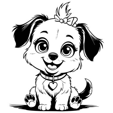 Kocaman gözleri ve kalp tasması takan sevimli köpek yavrusu oturuyor.