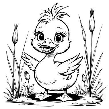 Gülen bebek ördek, tatlı çizgi film tarzında sazlıklarla gölün yanında duruyor.