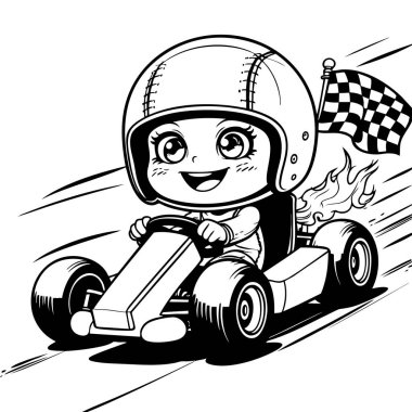 Sevimli çocuk yarış arabasının arkasında miğfer ve kareli bayrak var.