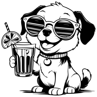 Güneş gözlüğü takan komik köpek boyama eğlencesi için meyve suyu içiyor.