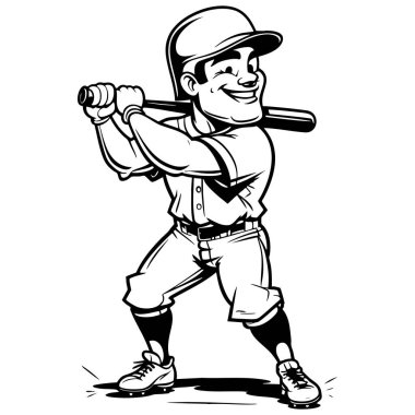 Gülen beyzbol oyuncusu elinde sopayla boyama sayfası için poz vermeye hazır.