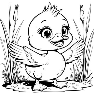 Mutlu küçük ördek yavrusu kanat çırpan çizgi film çocuk boyama sayfası için mükemmel.