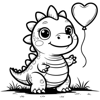 Sevimli renk eğlencesi için kalp balonuyla gülümseyen bebek dinozor.