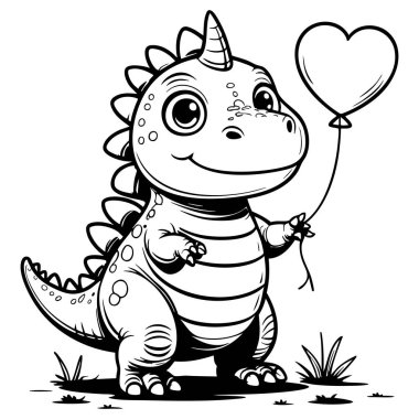 Mutlu dinozor elinde bir kalp balonu tutuyor. Çocukların eğlencesi için mükemmel.