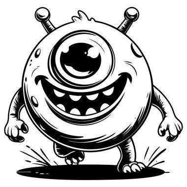 Tek gözlü komik bir uzaylı çizgi filmi ve büyük bir gülümseme çocuklar için mükemmel bir boyama sayfası.