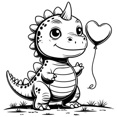 Çocuk boyama sayfası için kalp şeklinde balon tutan mutlu dinozor.