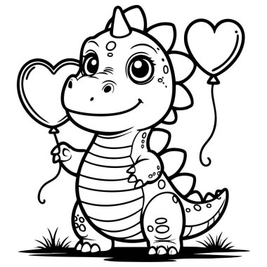 Gülümseyen bebek dinozorun elinde iki kalp balonu var. Eğlence sayfaları için harika.