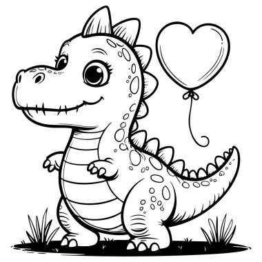 Sevimli bebek dinozorun elinde bir kalp balonu var. Çocukları boyamak için mükemmel.