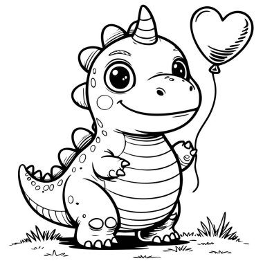Sevimli bebek dinozor gülümsüyor. Elinde bir kalp balonu tutuyor. Sayfaları boyamak için harika.