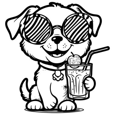 Büyük güneş gözlüğü takan sevimli köpek yaz içkisinin tadını çıkarıyor.