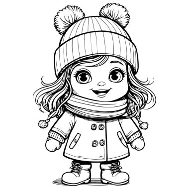 Şapkası ve eşarbı olan, kışlık elbiseli, sevimli bir kız.