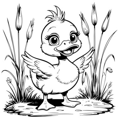 Şirin ördek, çocuklar için mükemmel bitkilerle gölün kenarında duruyor. Eğlence ve öğrenme aktiviteleri için.