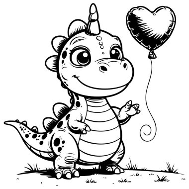 Sevimli dinozor elinde bir kalp balonu tutuyor. Çocukları boyamak için mükemmel.