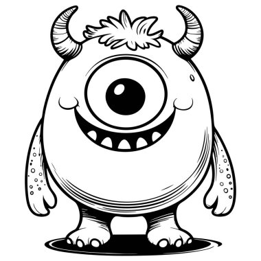 Dost canlısı Kiklops canavarı. Küçük boynuzları ve boyama eğlencesi için büyük gülümsemesi var.