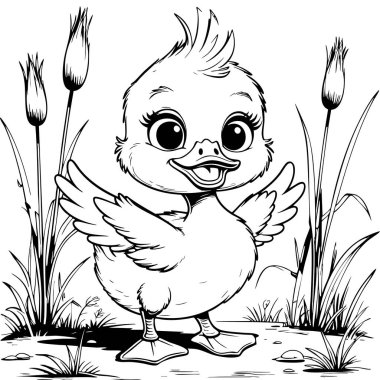 Göletin kenarında gülümseyen sevimli bebek ördek çocuklar için harika.