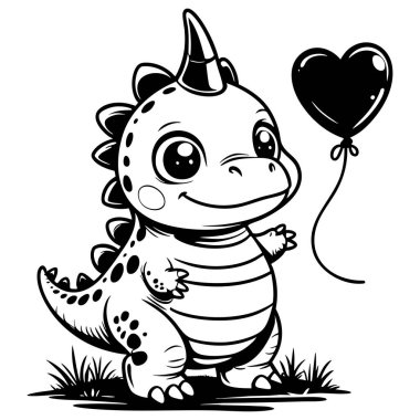 Küçük sevimli dinozor elinde kalp şeklinde bir balon tutarken gülümsüyor.