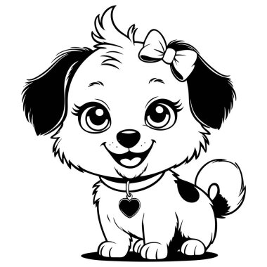 Yayı ve kalp etiketi olan tatlı köpek yavrusu büyük gözleriyle mutlu bir şekilde gülümsüyor.