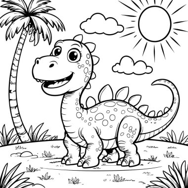 Gülümseyen dinozor, güneşli bir ormanda palmiye ağaçlarıyla duruyor.