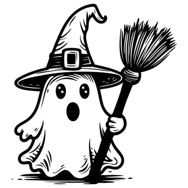 Cadı şapkalı çekici hayalet elinde süpürge, siyah beyaz çizgi film tasarımı.