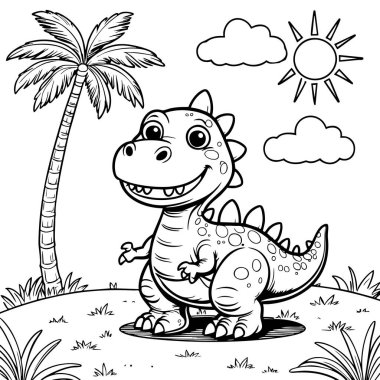 Güneş bulutları ve palmiye ağacı arka planıyla ormandaki mutlu çizgi film dinozoru.