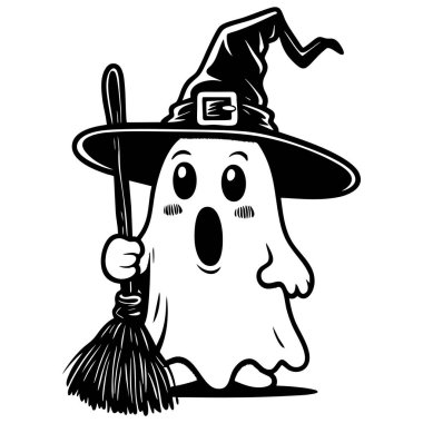 Dost canlısı hayalet cadı şapkalı ve elinde süpürgeyle siyah beyaz çizgi filmle gülümsüyor.