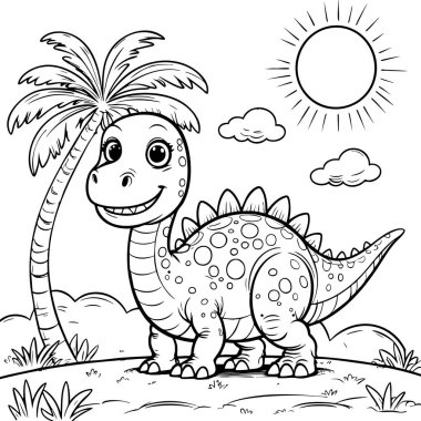 Mutlu dinozor ormanda duruyor. Güneş bulutları ve palmiye ağaçları çizgi film tarzında.