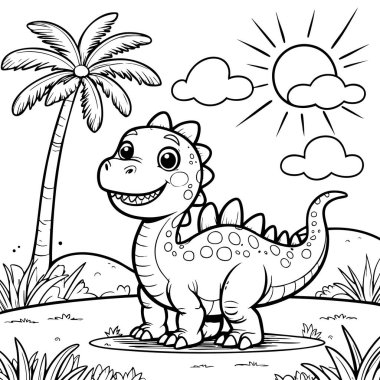 Şirin gülümseyen dinozor, güneşli ormanda palmiye ağaçları ve bulutlarla duruyor.