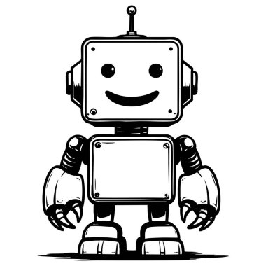 Kocaman kare kafası ve metal elleri olan gülümseyen robot mutlu duruyor.