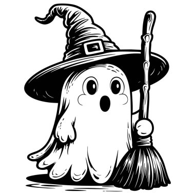 Cadılar Bayramı eğlencesi için büyük şapkası ve süpürgesi olan sevimli hayalet cadı.