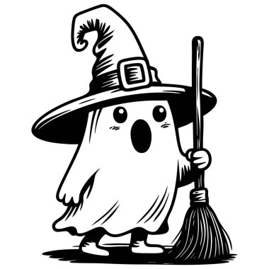 Cadı şapkası takan sevimli hayalet Cadılar Bayramı için süpürge tutuyor.