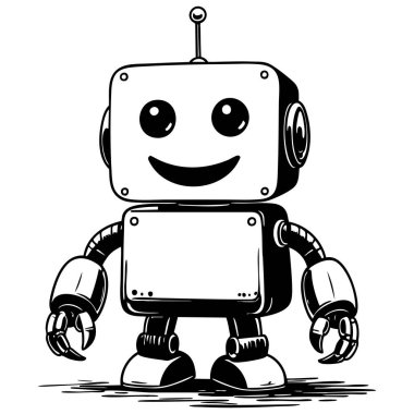 Güzel robot antenle gülümsüyor ve herkese mutlu bir şekilde yardım etmeye hazır.