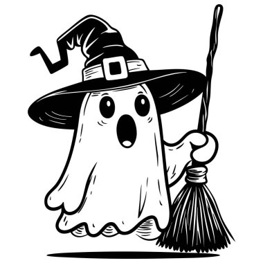 Cadı şapkalı sevimli hayalet elinde süpürgeyle cadılar bayramı gecesine hazır.