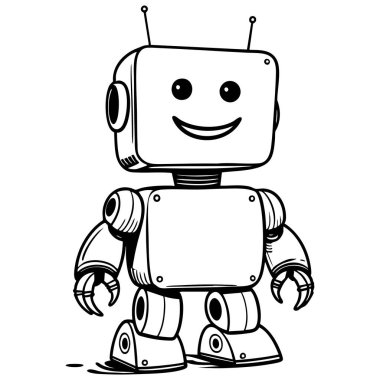 Yuvarlak kafalı arkadaş canlısı robot çizimi ve çocuk boyaları için sevimli bir ifade.