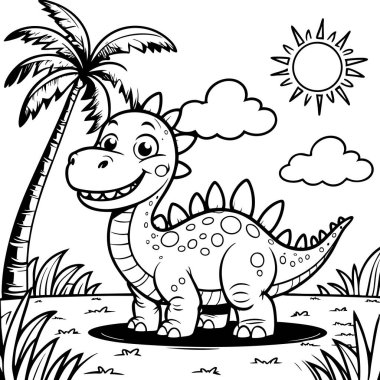 Çizgi film orman sahnesinde palmiye ağaçları ve güneş ışığıyla gülümseyen dinozor.