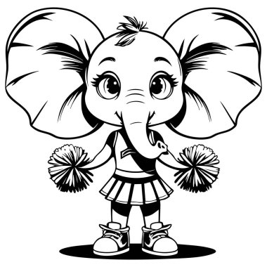 Ponpon kızlar gibi giyinmiş şirin bir fil. Çizgi film boyama sayfasında ponponları tutuyor.