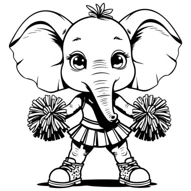 Ponpon kızlar gibi giyinmiş şirin bir fil ve mutlu bir şekilde gülümsüyor.