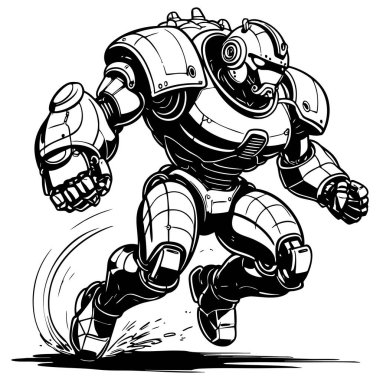 Güçlü zırhlı robot dinamik poz çizgisi çizimi çiziyor.