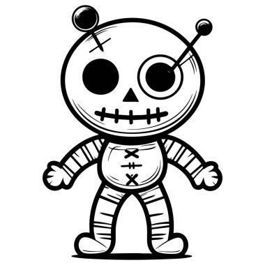 Düğme gözlü, raptiyeli, dikişli komik vudu bebeği.