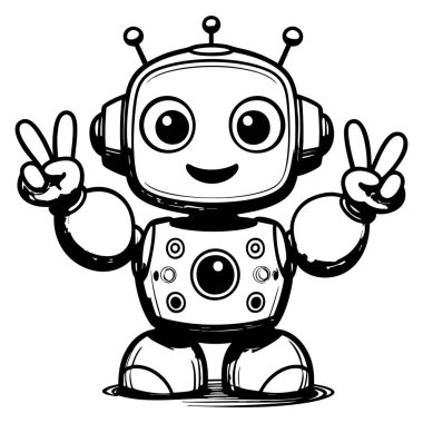 Mutlu çizgi film robotu çocuklar ve hayranlar için eğlenceli bilim kurgu boyama sayfası yapıyor.