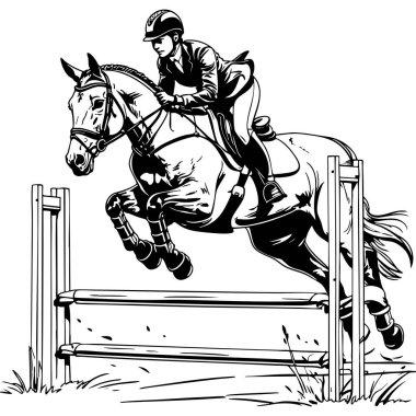 Atlı at bariyerin üzerinden atlıyor. Atları boyamak için biçilmiş kaftan.