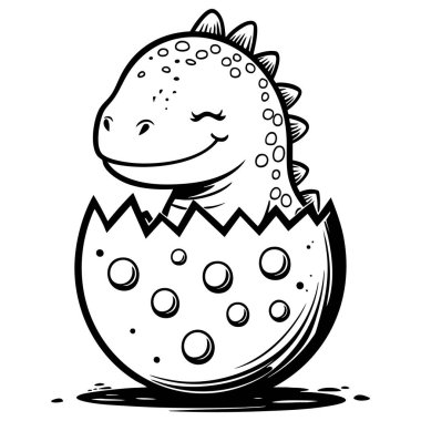 Sevimli bebek dinozor yumurtadan çıkarken gülümsüyor. Çocuklar için mükemmel bir boyama aktivitesi.